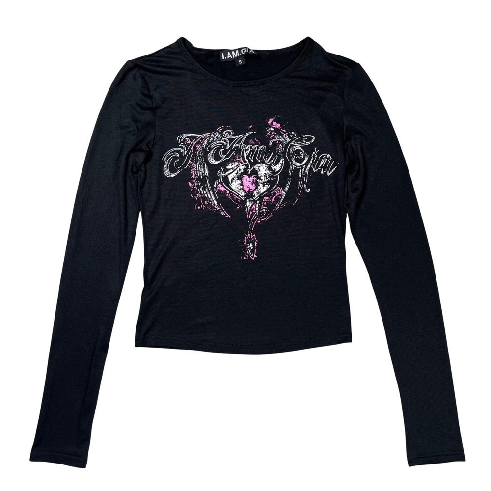 I.AM.GIA Graphic Long Sleeve Top Womens Small Black Pink Heart Y2K Streetwear‎